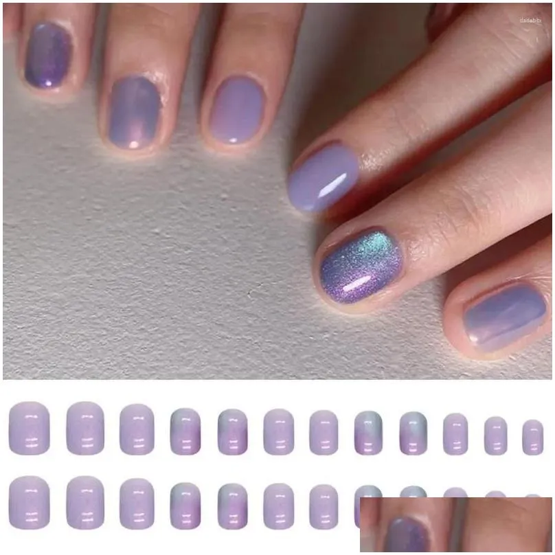 false nails french detachable blue short round fake cat eye full cover nail tips for salon