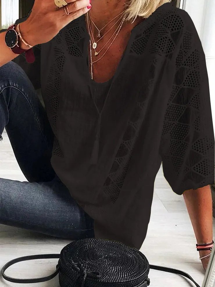 2023 loose european and american lace splicing u neck seven-point sleeve top