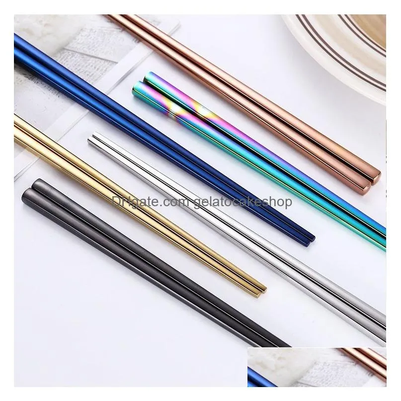glossy titanium plated chopsticks anti scalding high-grade 304 stainless steel rainbow golden black square chopsticks
