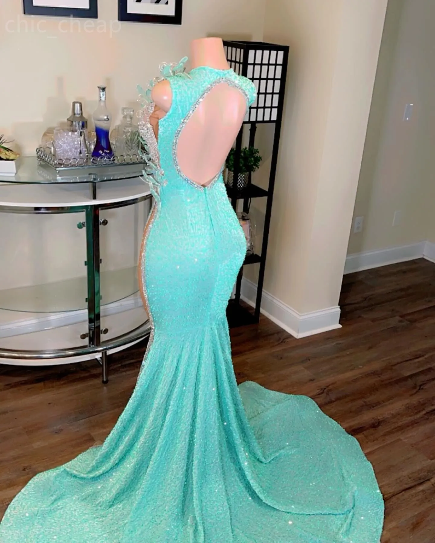 2024 Aso Ebi Mermaid Sky Blue Prom Dress Beaded Crystals Sequined Evening Formal Party Second Reception Birthday Engagement Gowns Dresses Robe De Soiree ZJ32