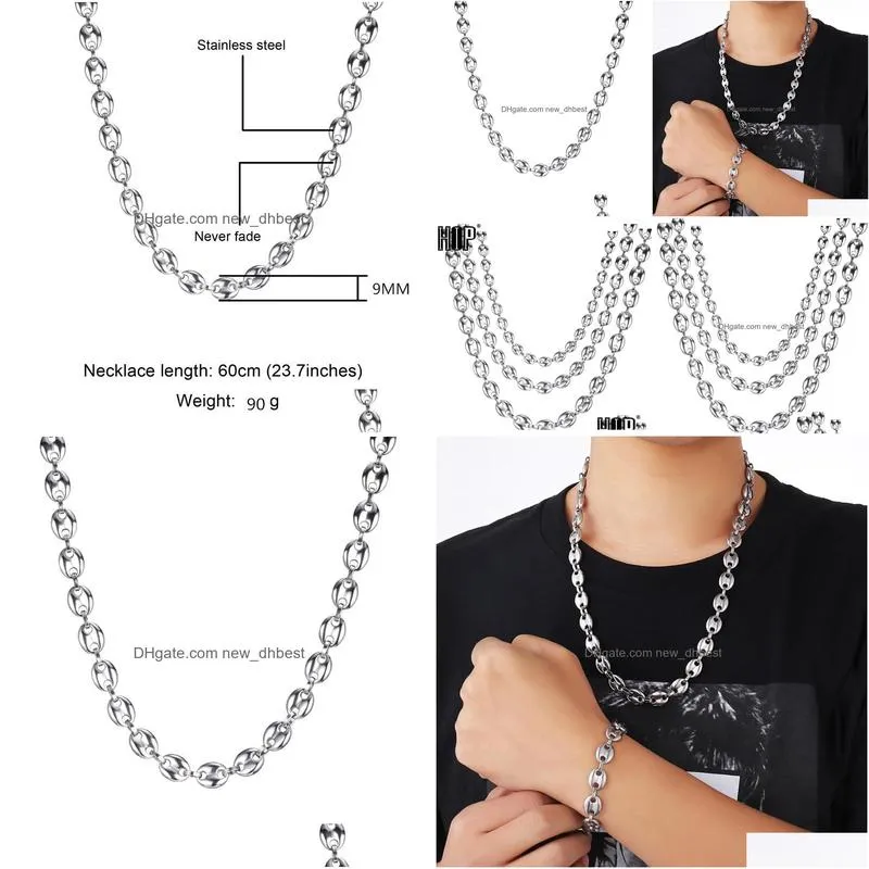 Pendant Necklaces Hip Hop Width 7Mm 9Mm 11Mm Sier Stainless Steel Gold Coffee Beans Link Chain Necklace For Men Jewelry8133855 Drop De Dhkvr
