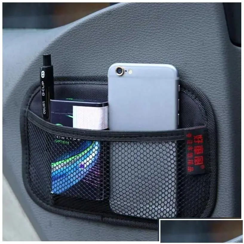 car badges storage net leather mesh bags interior organizer self adhesive bag for phone card coins keys tidying holder drop delivery a