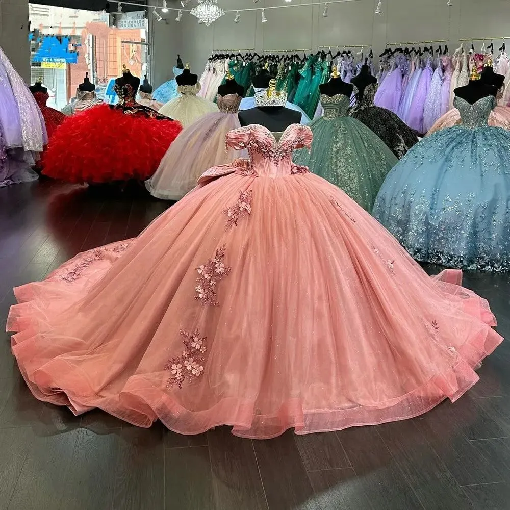 2024 Peach Quinceanera Dresses Off Shoulder Lace Appliques Crystal Beading Ball Gown Tulle Hand Made Flowers Guest Dress Evening Prom Gowns With Bow