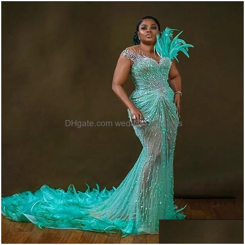 feathered luxurious plus size aso ebi prom dresses mint mermaid short sleeves beaded illusion evening dresses elegant for black women birthday party dress