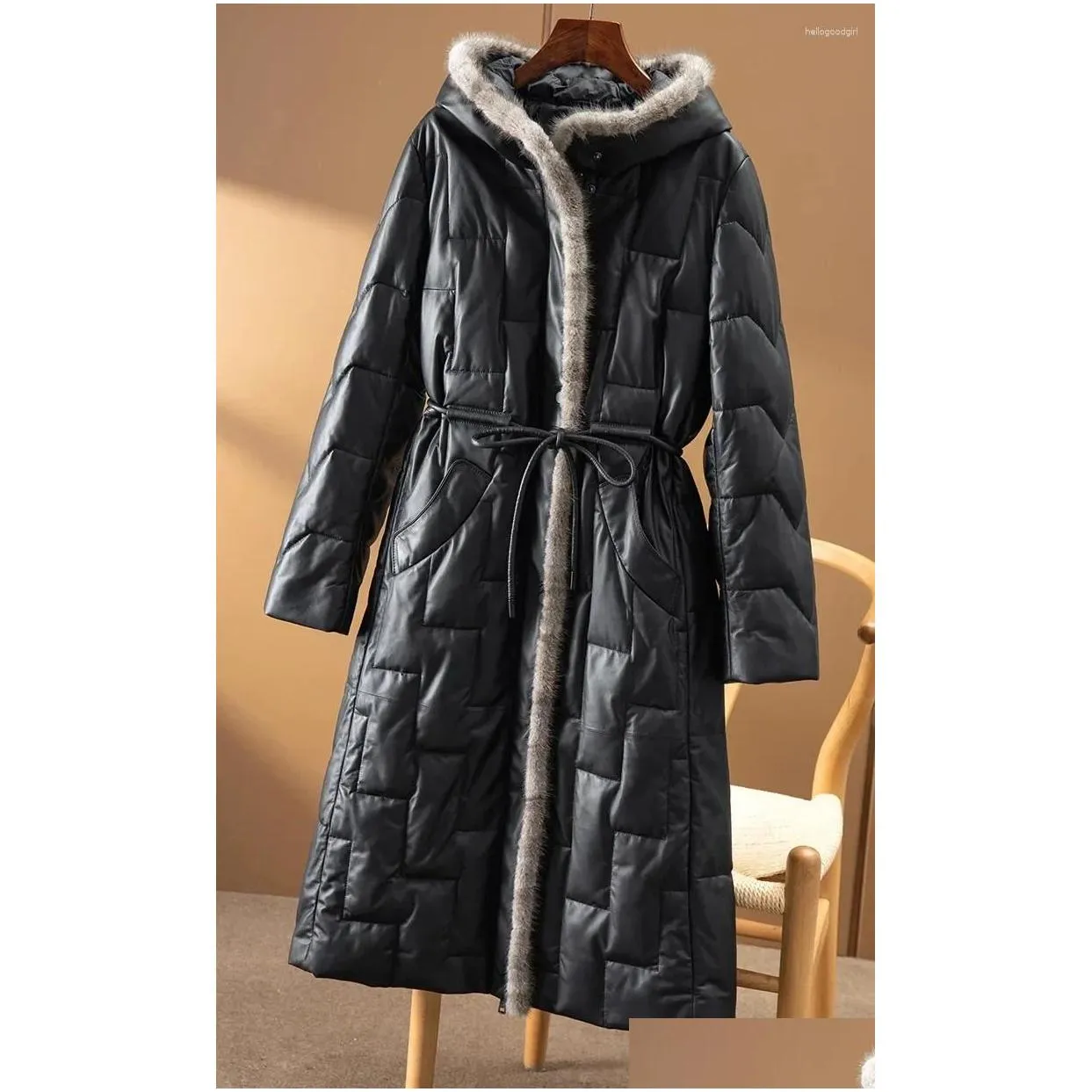 women`s leather 2024 winter jackets women coats hooded down coat female long real sheepskin slim fit fashion puffer jacket