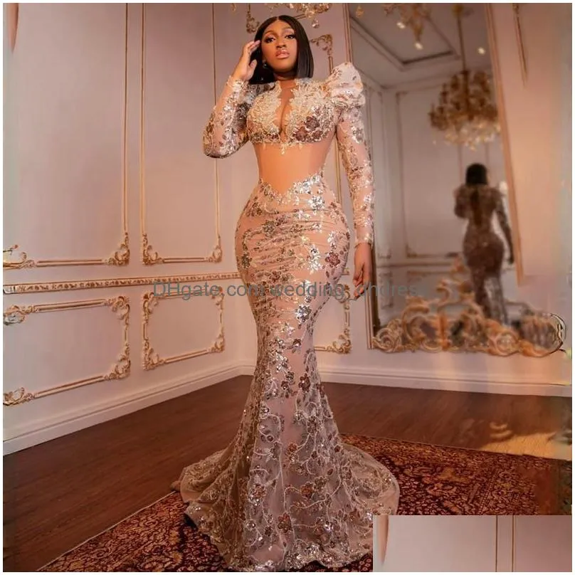 fulllace aso ebi prom dresses plus size high neck long sleeves illusion mermaid evening dresses for black women birthday party gowns second reception gown