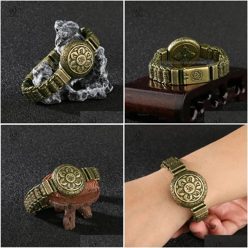 brass buddhist scriptures cuff bangles pure copper buddhism mantra lucky bracelets vintage rotating women men hands jewelry 240130