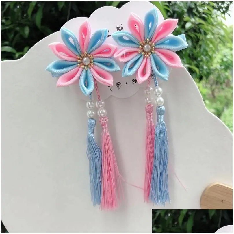 hair accessories retro color matching sword chrysanthemum flower hairpin tassel children princess headdress hanfu