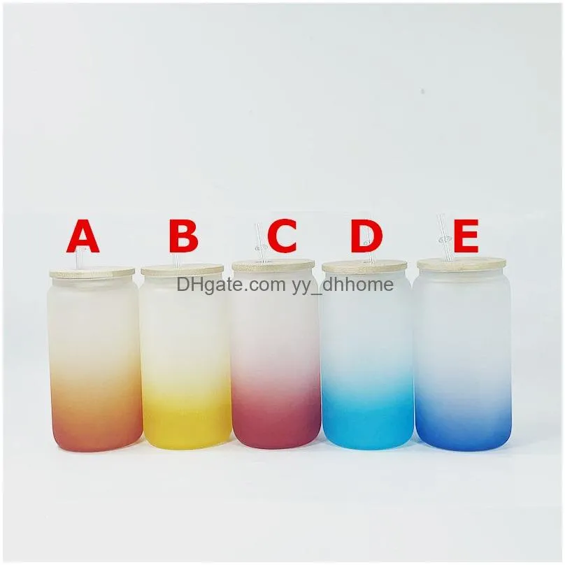 16oz sublimation gradient frosted glasses with wooden lids plastic straws 6 color straight blank water bottles diy heat transfer wine tumblers by air