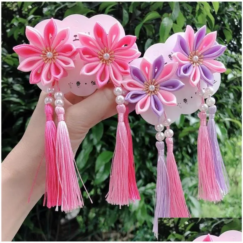 hair accessories retro color matching sword chrysanthemum flower hairpin tassel children princess headdress hanfu