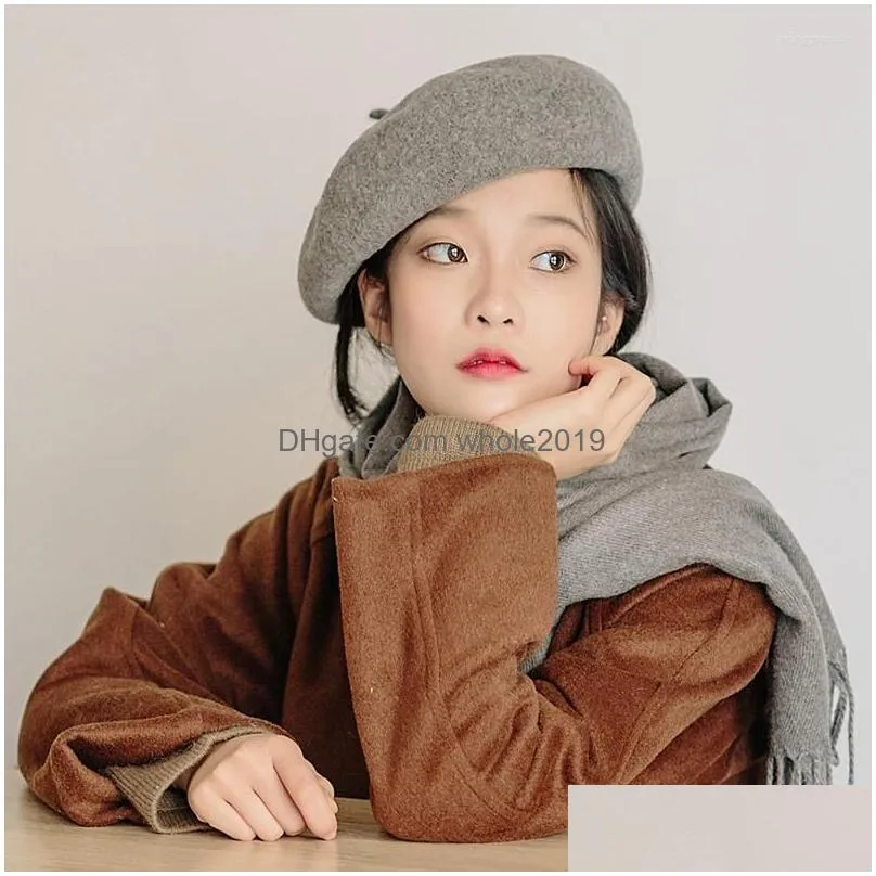 Berets Solid Wool Women Beanie Hat Cap Vintage Fashion Warm Casual Sboy Girl Beret 2022 Wholesale Drop Delivery Dhxqv