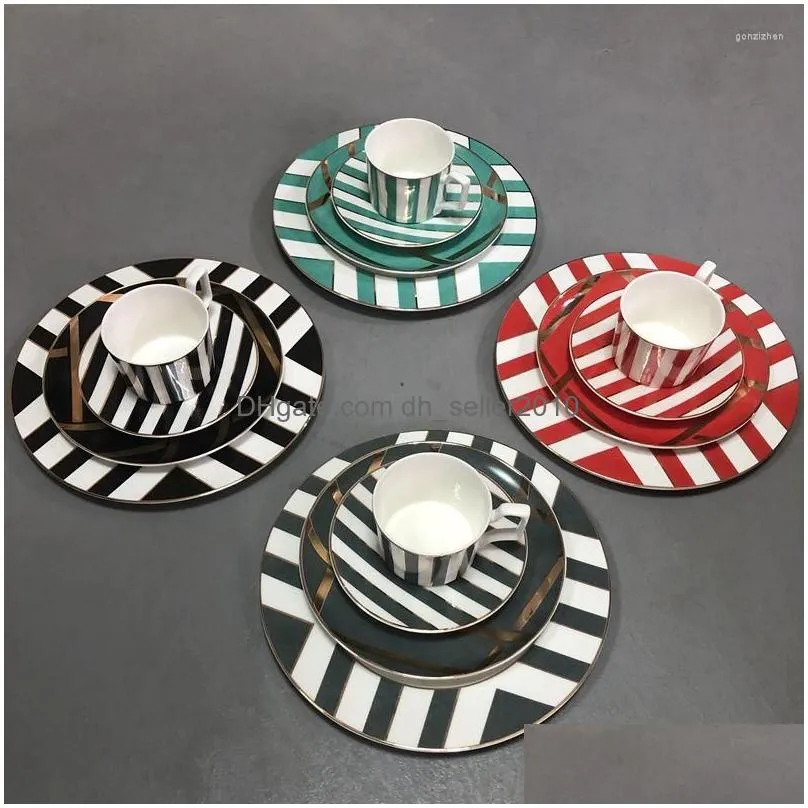 Dinnerware Sets 4 Pcs Set Modern Black Design Ceramic Bone China Dinner For And Gift Coffee Cup Saucer With Drop Delivery Dhszy