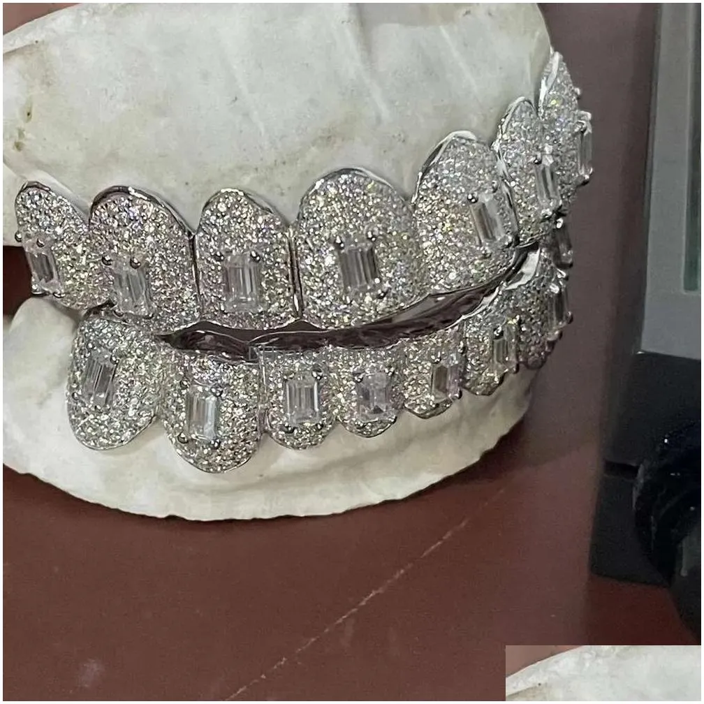 custom made hip hop iced out 925 sterling silver jewelry permanent cut vvs moissanite diamonds teeth mouth grillz