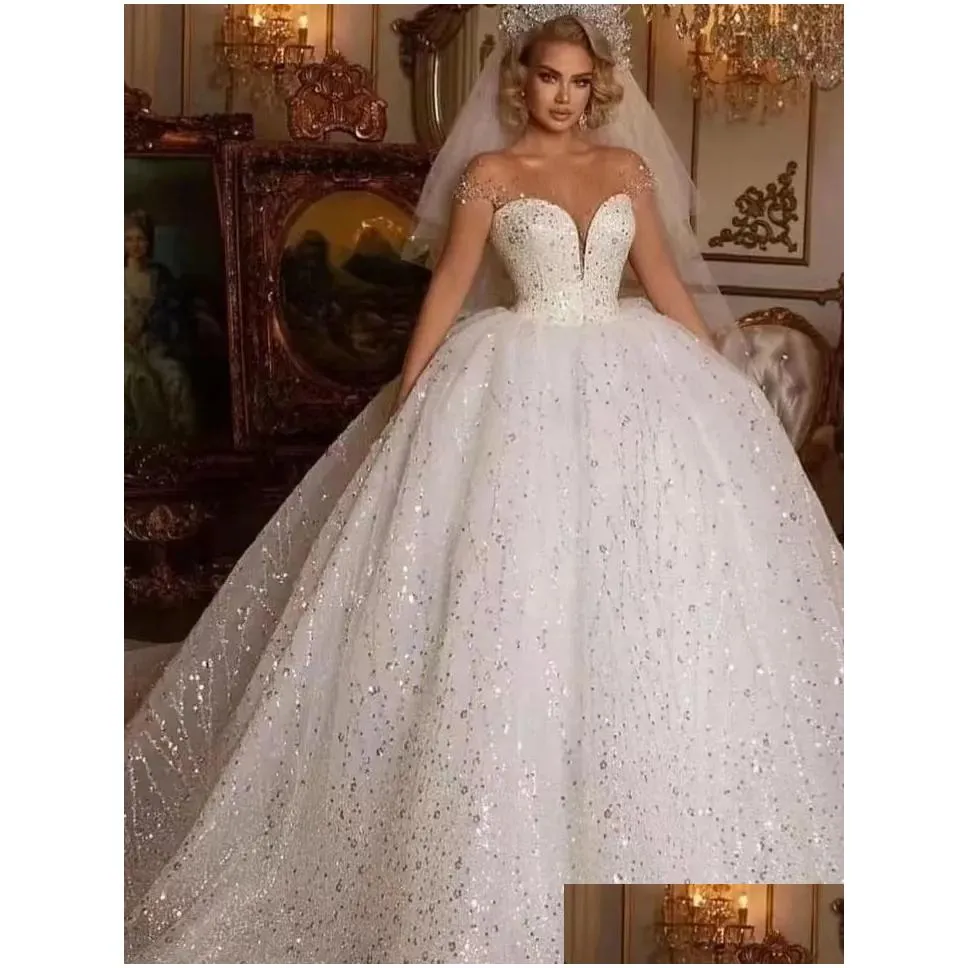 Ball Gown Wedding Dresses Luxury Vintage Bling Wedding Dress 2024 Modest Ball Gown Dresses Y Wed Gowns Crystals Beaded Ruched Plus Siz Ote12