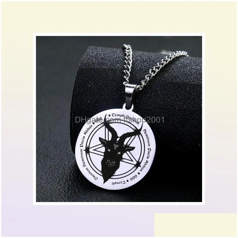 pendant necklaces weatern stainless steel lucifer satan necklace 666 demon round pentagram solomon skull goat head unisex jewelry