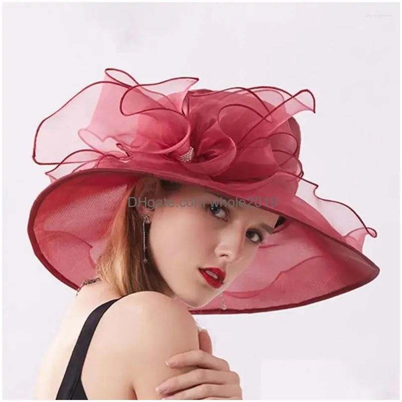 Berets Women Cap Wide Brim Fedoras Cloth Flower Temperament Foldable Rhinestones Buckle Hat For Wedding Drop Delivery Dhsld