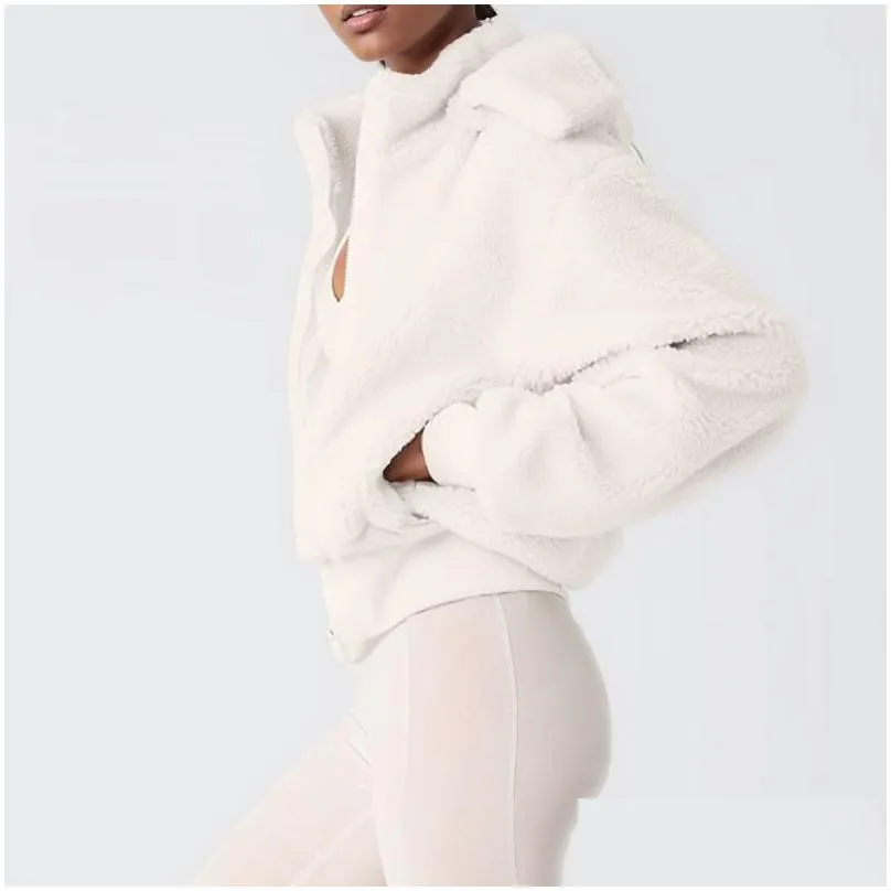 al yoga coats sweater foxy sherpa jackets lamb plush warm high neck long sleeve full zip cropped sweattops jogger hoodies removable hood loose