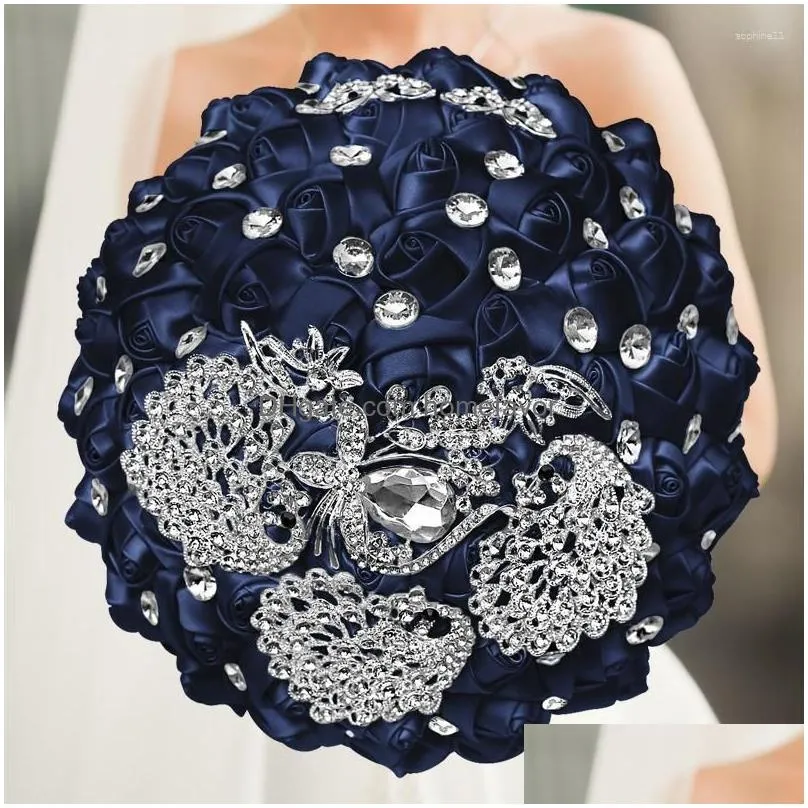 decorative flowers selling 1pc/lot light blue luxury rhinestone wedding bouquet for bride handmade