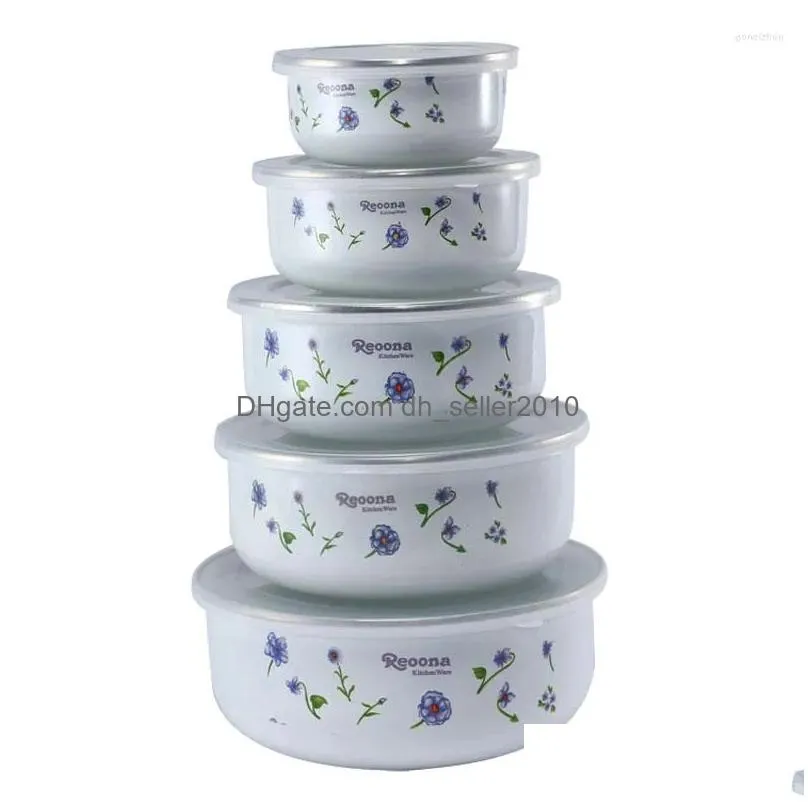Dinnerware Sets Mixing Bowls With Seal Er Enamel Suit Set 5Pcs Preservation Ice Bowl Mini Rice 10-18Cm Discount Drop Delivery Dh6Kd