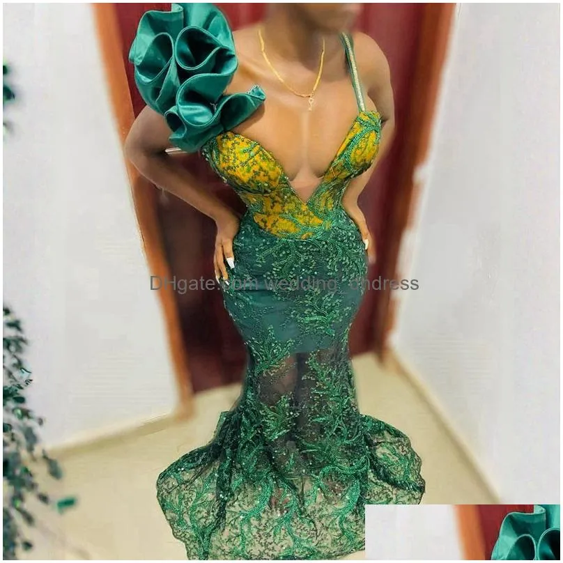 green yellow evening dresses elegant spaghetti straps mermaid illusion lace beaded promdress prom dress for special occasions second reception gowns party