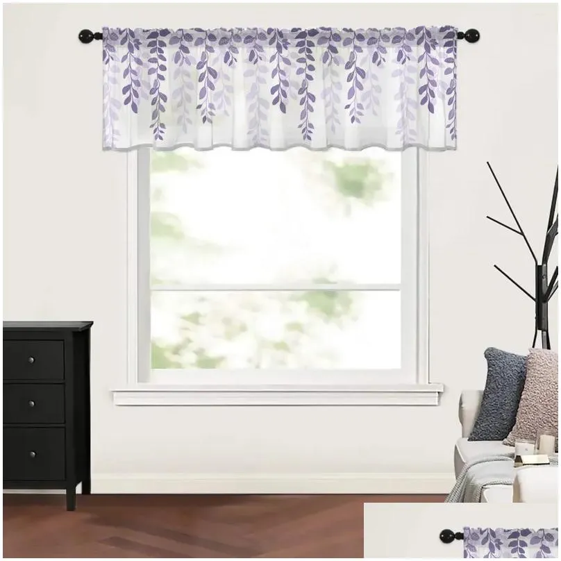 curtain leaf plants country style purple gradient kitchen curtains tulle sheer short living room home decor voile drapes