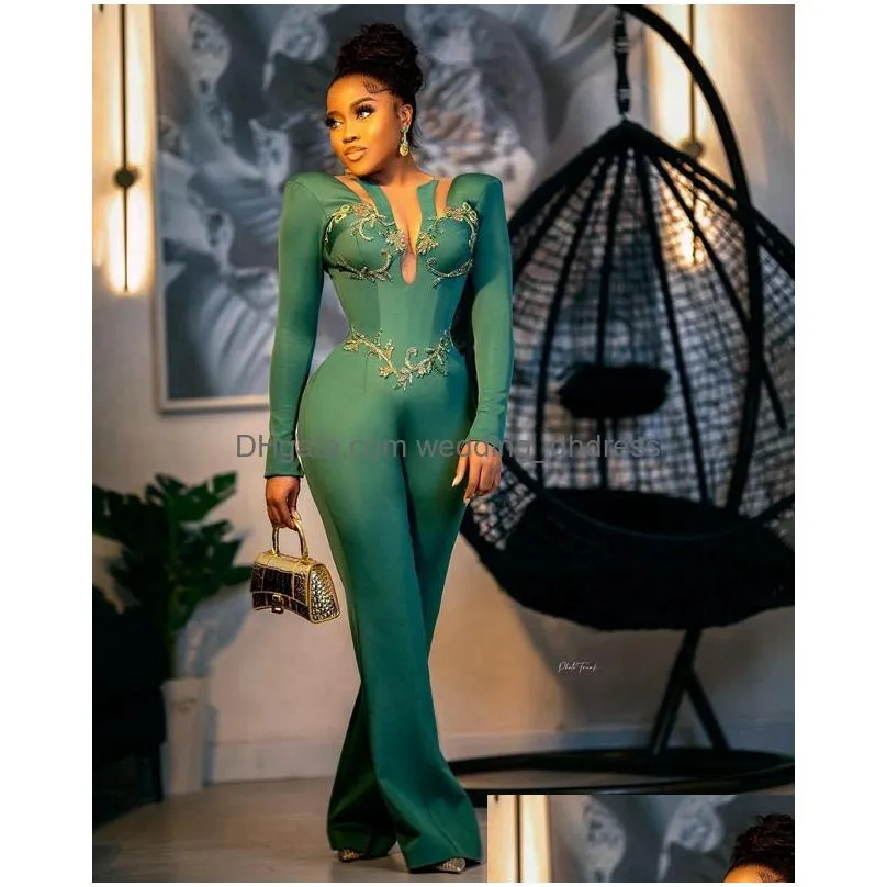 green aso ebi prom dresses for special occasions jumpsuits long sleeves elastic satin beaded evening formal dress for nigeria black women enegagement gowns
