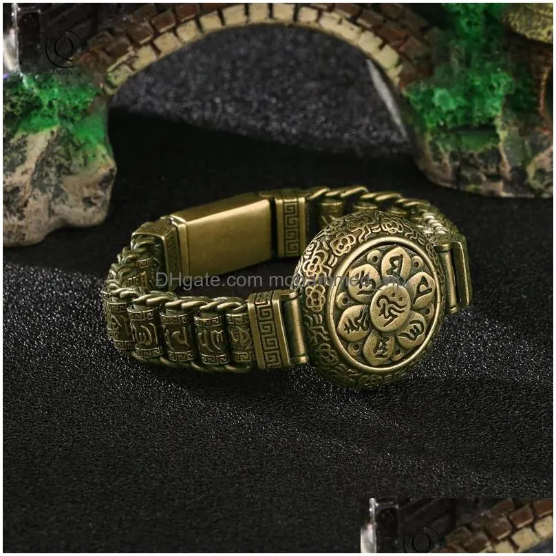 brass buddhist scriptures cuff bangles pure copper buddhism mantra lucky bracelets vintage rotating women men hands jewelry 240130