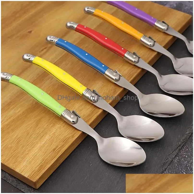 spoons stainless steel laguiole dinner spoon big large tablespoon set rainbow handle soup scoop multi color cutlery cafe 6pcs 8.5inch