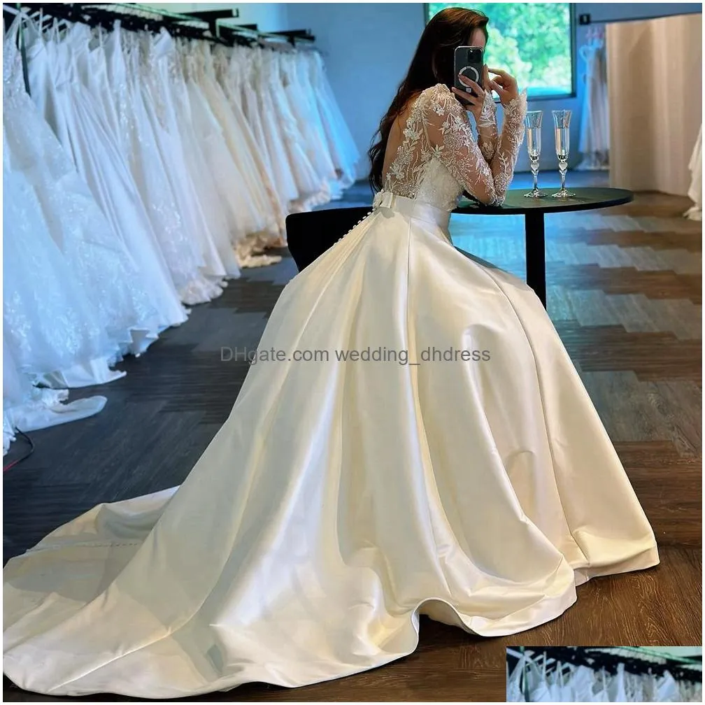 gorgeous wedding dress for bride sheer neck long sleeves lace beaded illusion tiered satin wedding gowns for marriage for nigeria black women