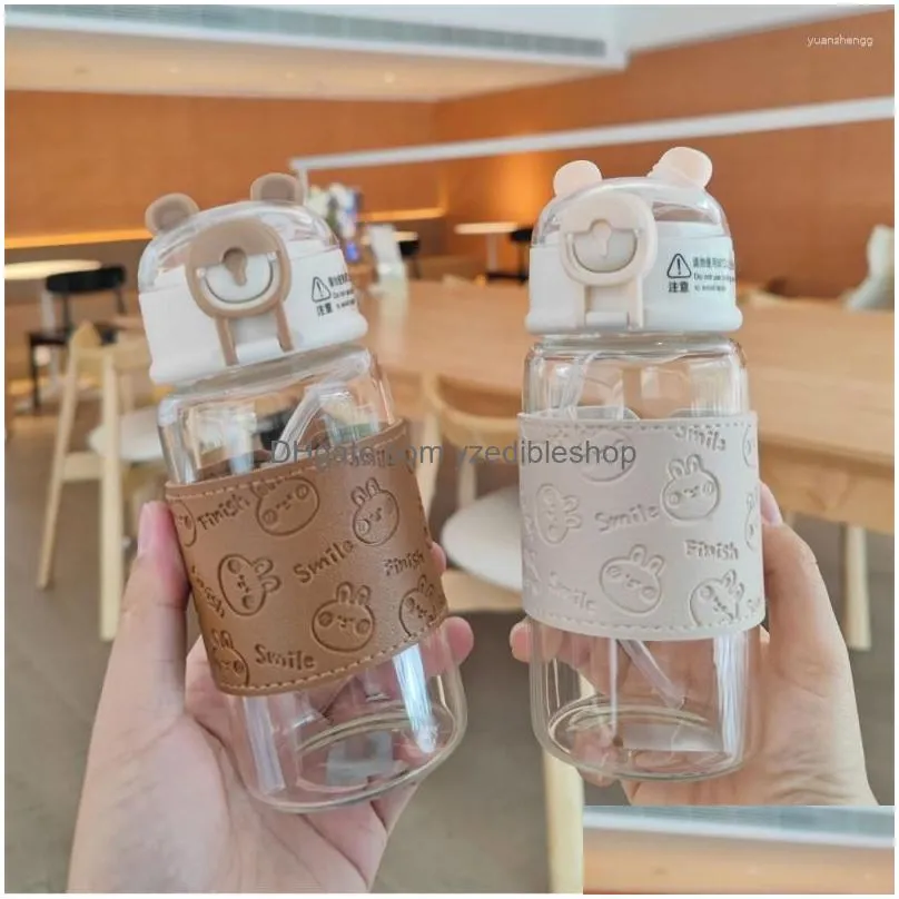 water bottles bear bottle  simple cute straw mug can be handheld with leather cover anti-scald cup gift couple drinkware