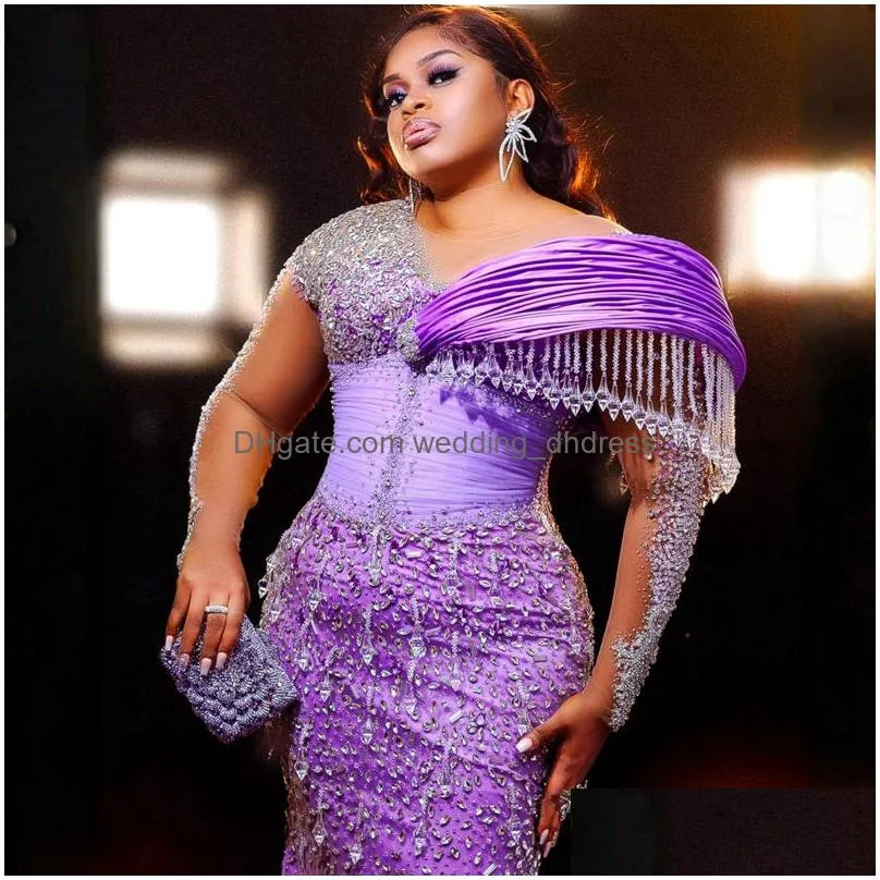 luxurious purple aso ebi prom dresses plus size sheer neck long sleeves rhinestones mermaid illusion formal evening dresses elegant birthday party gowns gala