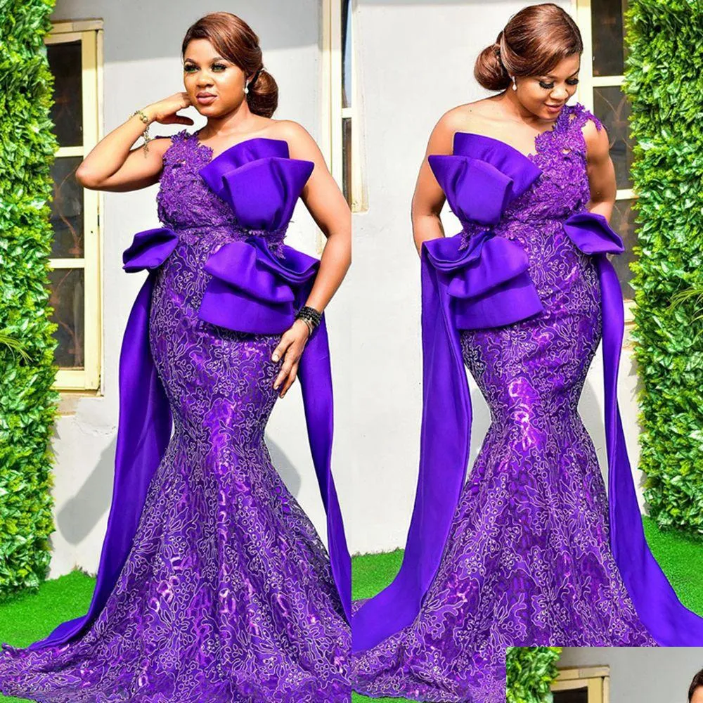 fulllace purple plus size aso ebi prom dresses one shoudler mermaid lace bow prom dresses for african black women birthday party dress second reception gowns