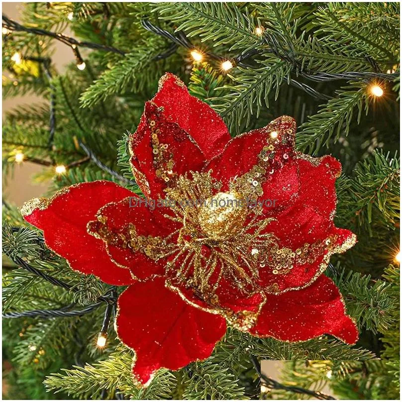 decorative flowers 1pc 22cm artificial glittering christmas fake flower xmas tree hanging pendant ornaments year party decor navidad