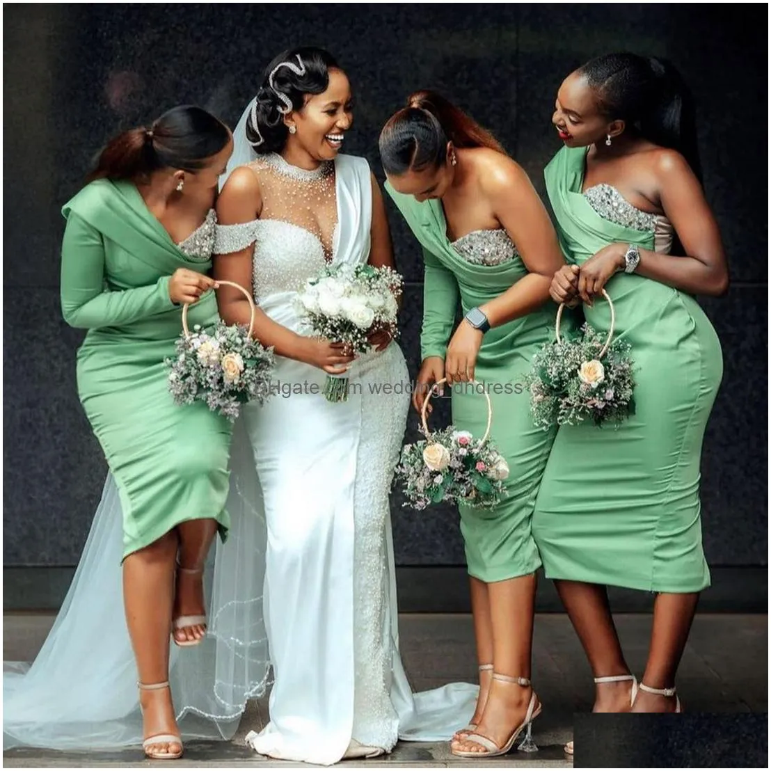 african arabic short bridesmaid dresses green one shoulder long sleeves tea length short bridesmaid dress for black women wedding guests wear in wedding