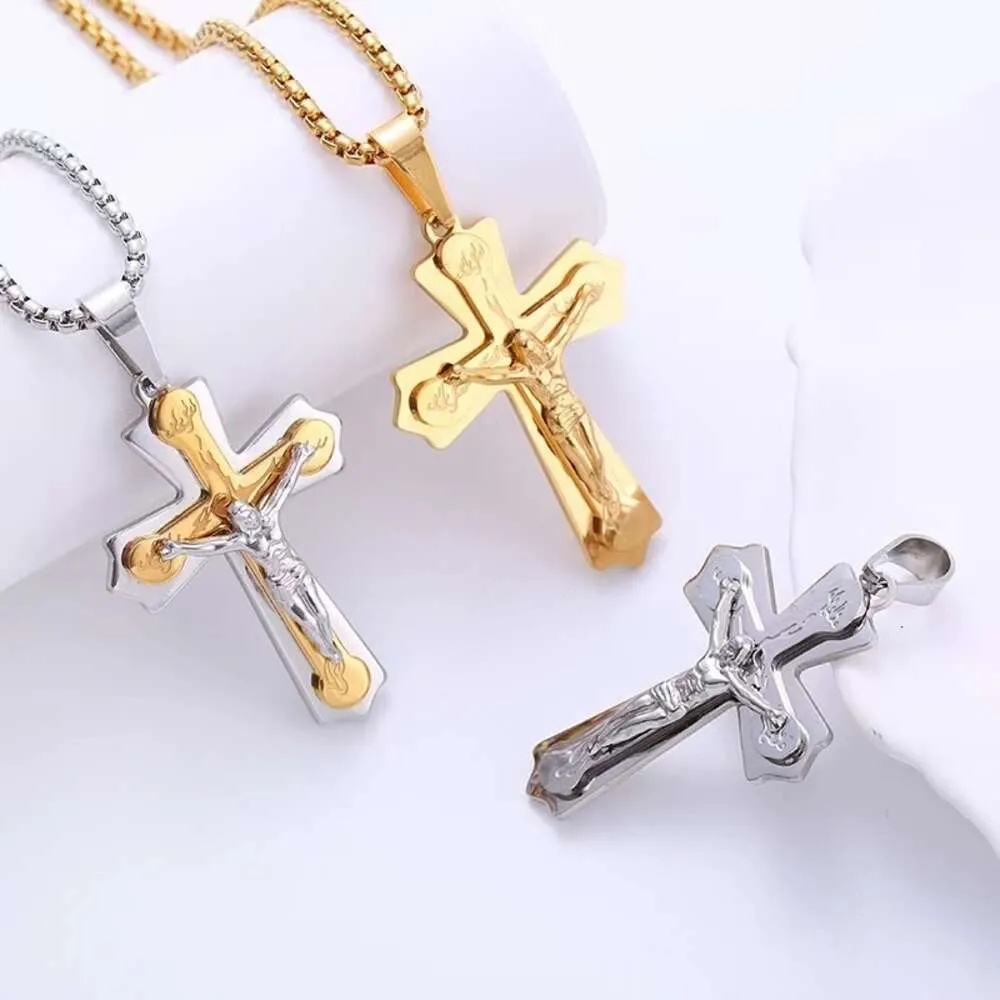 Pendant Necklaces Religious Jesus Cross Necklace Pendant For Men Golden Color 14k Yellow Gold Crucifix Necklaces Male Christian Jewelry