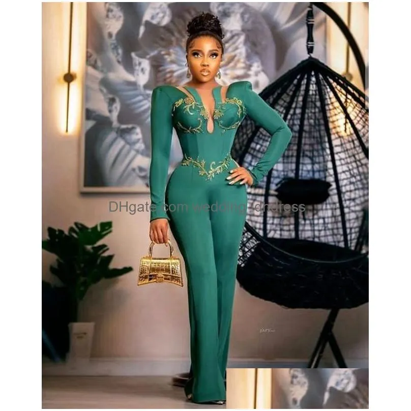 green aso ebi prom dresses for special occasions jumpsuits long sleeves elastic satin beaded evening formal dress for nigeria black women enegagement gowns