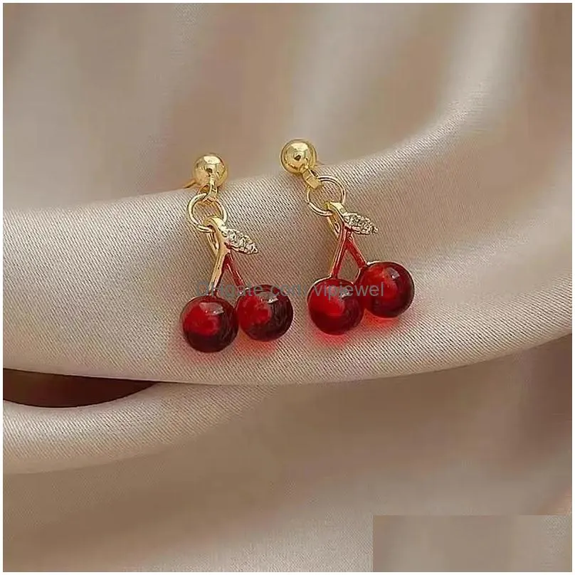dangle earrings korea needle red cherry  girl heart personality forest fruit wholesale cute