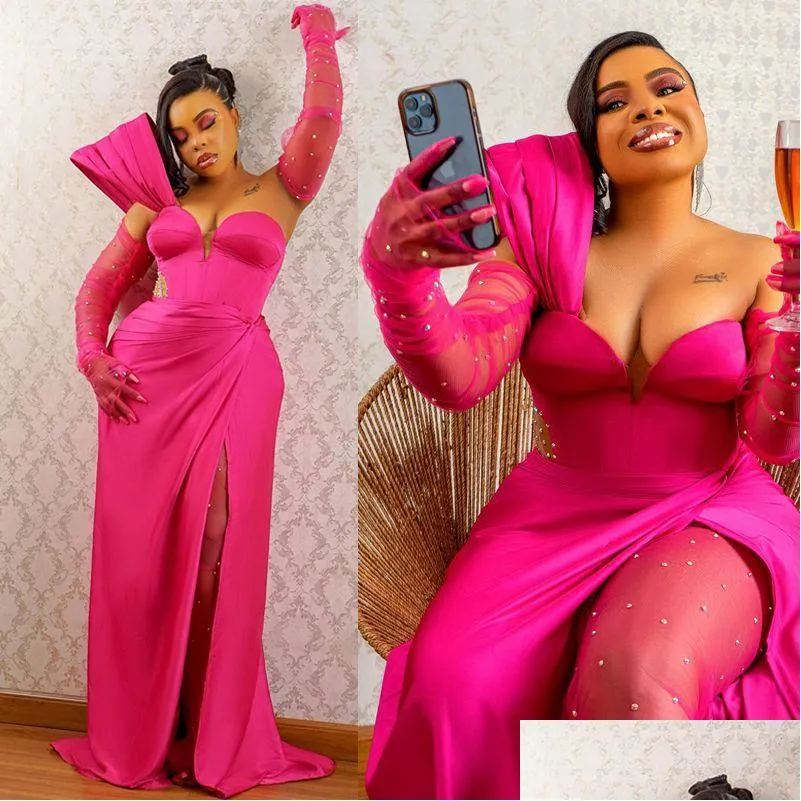  pink evening dresses elegant prom one shoulder illusion sexy high split promdress for special occasions beaded birthday party gowns with gloves formal