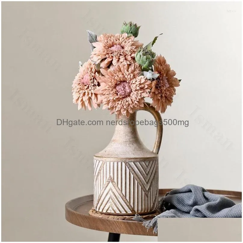 Vases Retro Old Single Ear Pot Ceramic Vase American Stripe Relief Dried Flower Milk Jug Accessories Living Room Decoration Drop Deli Dh6Qk