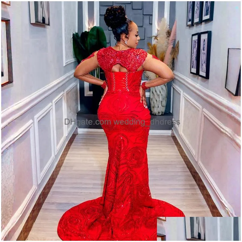 Prom Dresses 2024 Plus Size Aso Ebi Illusion Lace High Neck Long Sleeves Evening Formal Dress For Special Ocns Tle African Arabic Bi Dhdyc