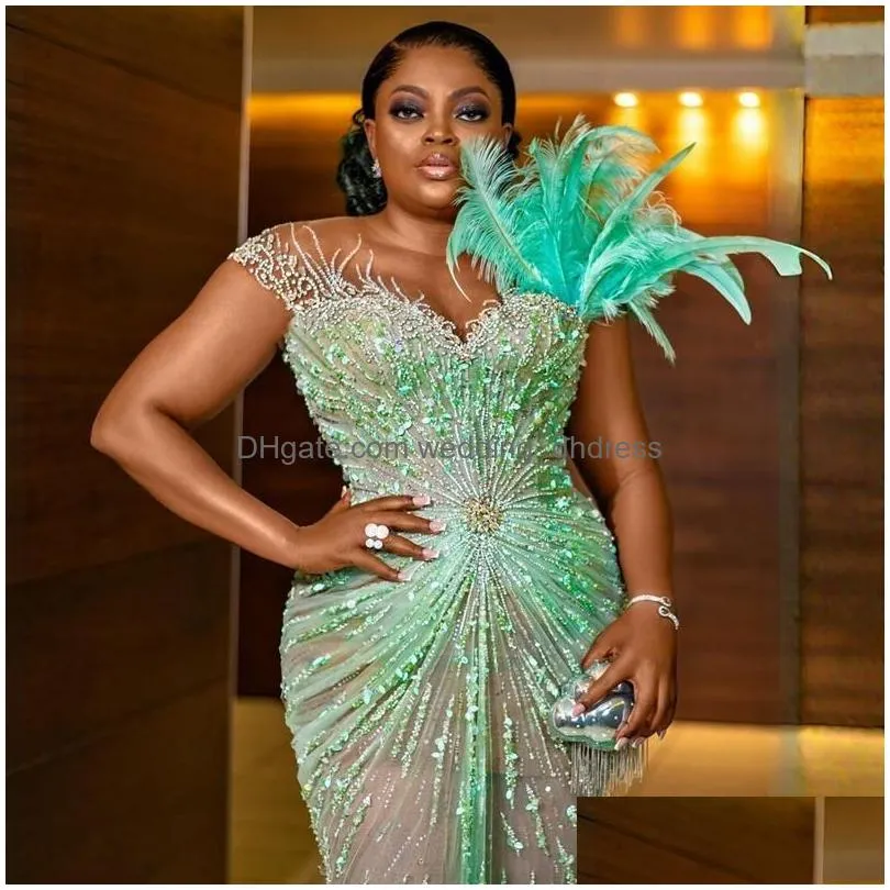 feathered luxurious plus size aso ebi prom dresses mint mermaid short sleeves beaded illusion evening dresses elegant for black women birthday party dress