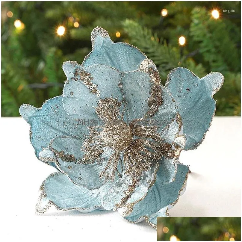 decorative flowers 1pc 22cm artificial glittering christmas fake flower xmas tree hanging pendant ornaments year party decor navidad