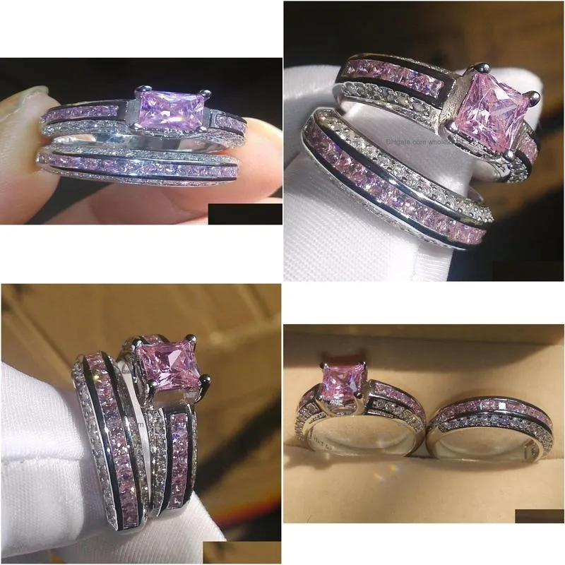 Couple Rings Luxury Size 5678910 Jewelry 10Kt White Gold Filled Pink Topaz Princess Cut Simated Diamond Wedding Ring Set Gift With Bo Dhlex