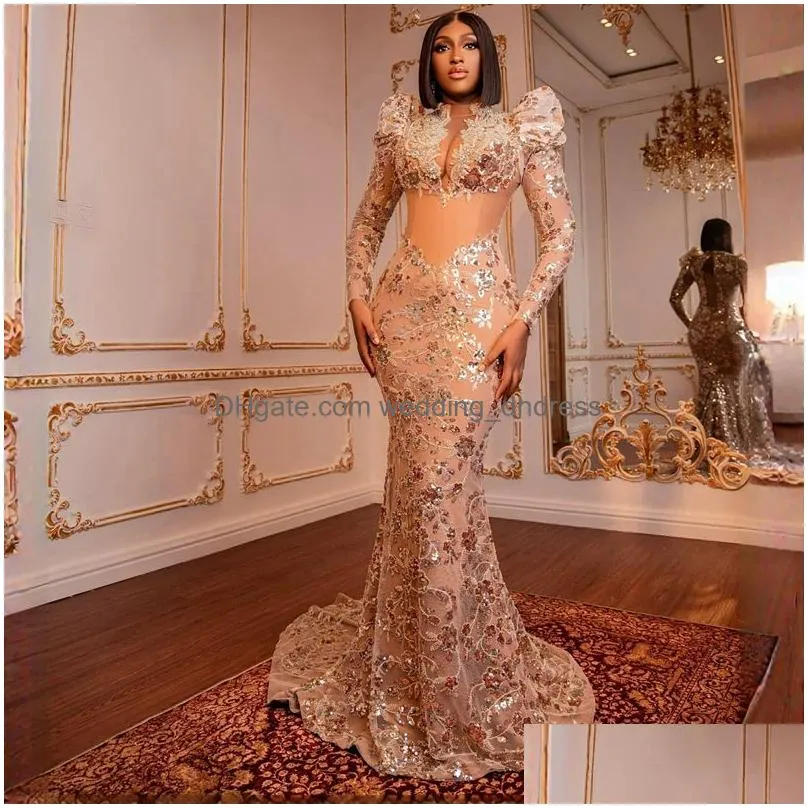 fulllace aso ebi prom dresses plus size high neck long sleeves illusion mermaid evening dresses for black women birthday party gowns second reception gown
