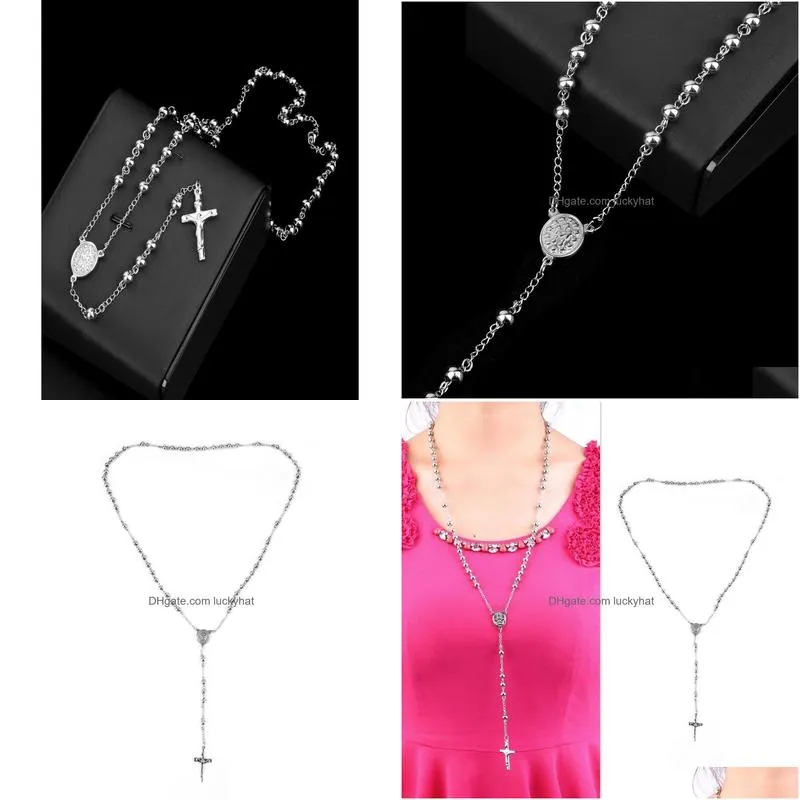 Pendant Necklaces Classic Sier Rosary Beads Chain Crucifix Relius Catholic Stainless Steel Necklace Womens Mens 4Mm/6Mm/8Mm/10Mm172876 Dhzpj