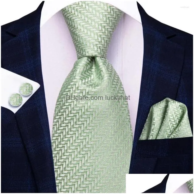 Bow Ties Gift Men Tie Striped Green Design Silk Wedding For Handky Cufflink Set Hi-Tie Party Business Fashion Wholesale Drop Delivery Dhme6