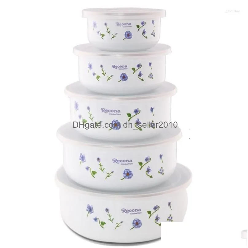 Dinnerware Sets Mixing Bowls With Seal Er Enamel Suit Set 5Pcs Preservation Ice Bowl Mini Rice 10-18Cm Discount Drop Delivery Dh6Kd