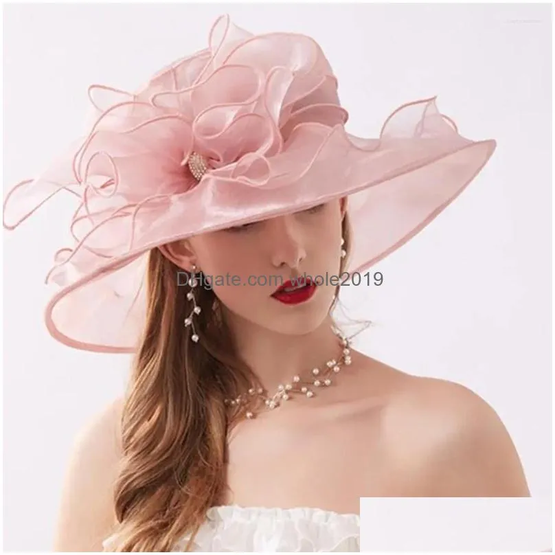 Berets Women Cap Wide Brim Fedoras Cloth Flower Temperament Foldable Rhinestones Buckle Hat For Wedding Drop Delivery Dhsld