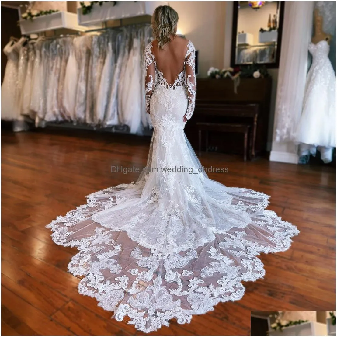 luxury mermaid wedding dress for bride with detachable train sheer neck long sleeves beaded lace tulle bridal gowns for marriage dresses designers gown