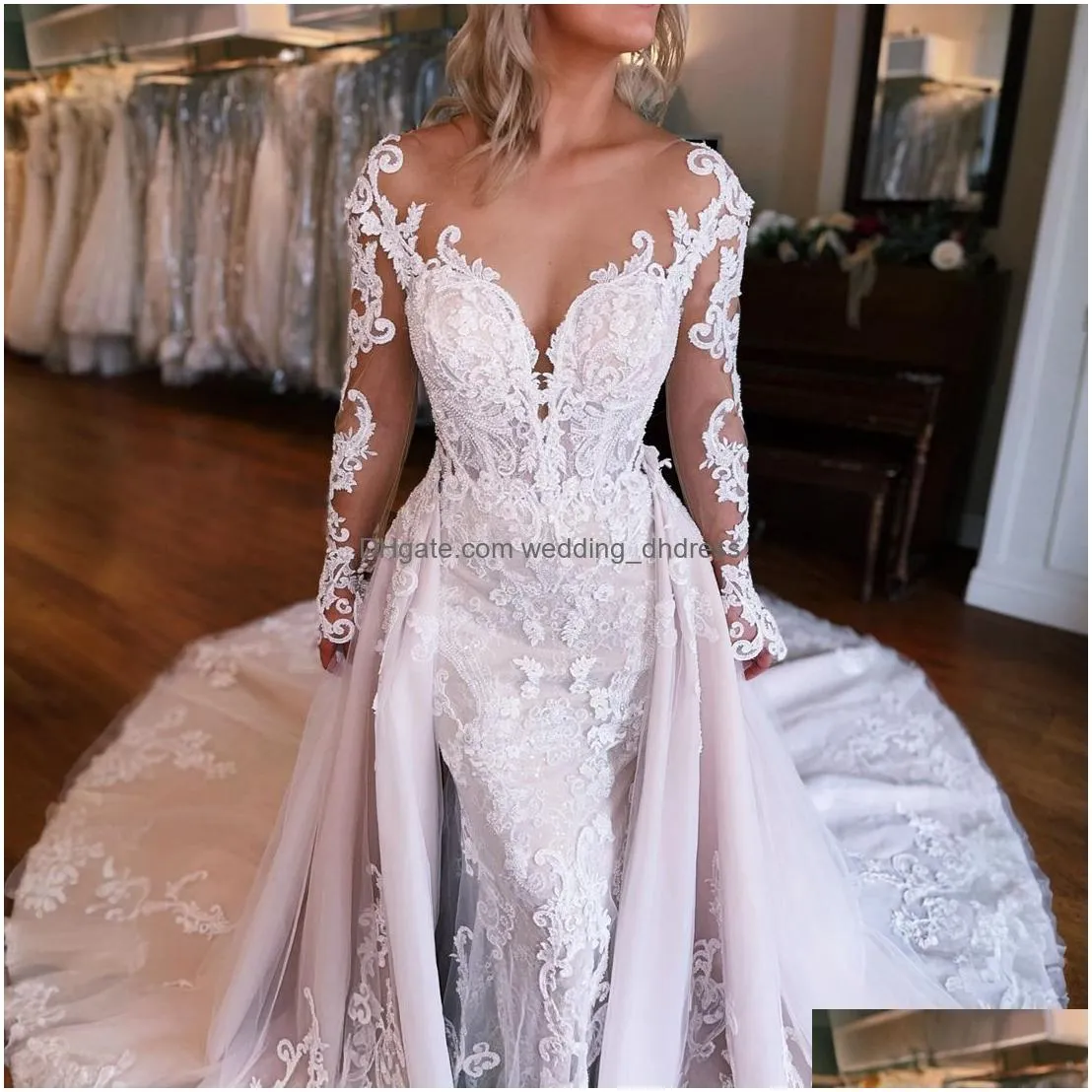 luxury mermaid wedding dress for bride with detachable train sheer neck long sleeves beaded lace tulle bridal gowns for marriage dresses designers gown